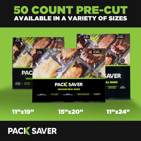 pack saver food vacuum seal bags with 50 count pre-cut in 11 x 19, 15 x 20, 11x24, 11x19, 15x20 sizes